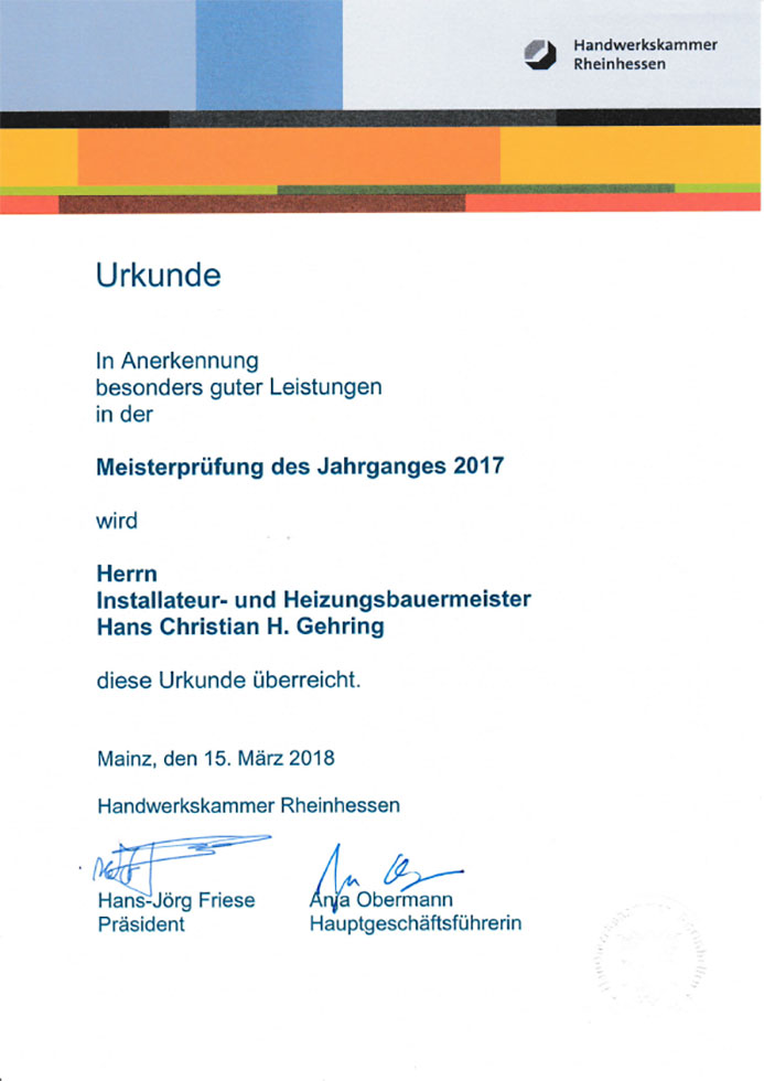 Christian Gehring: Urkunde in Anerkennung besonders guter Leistungen